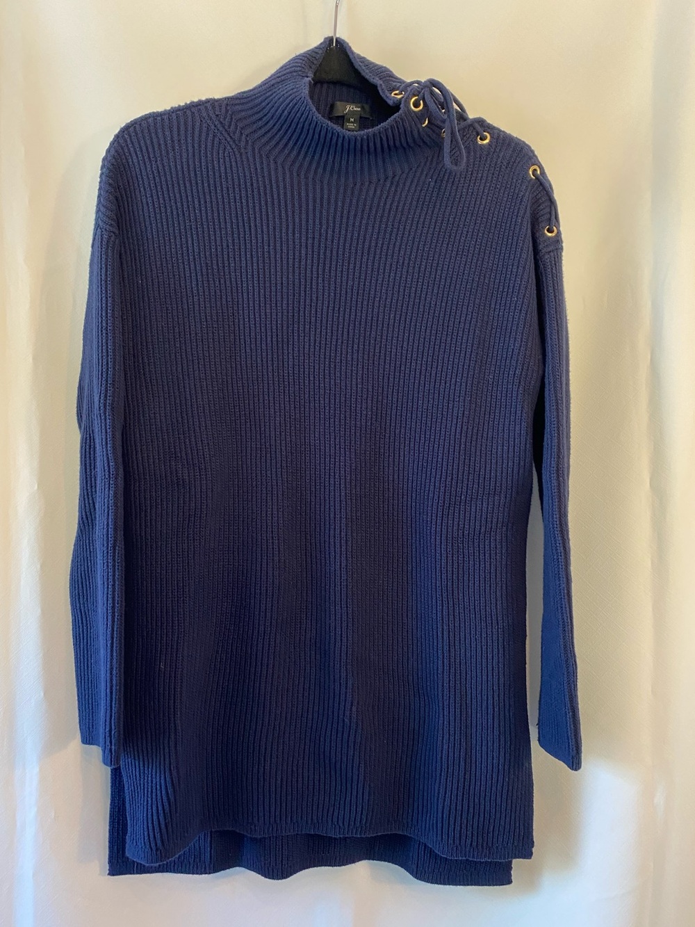 J. Crew Women's Navy Ribbed Funnel Neck Fisherman Sweater M Gold Grommet Lace-Up